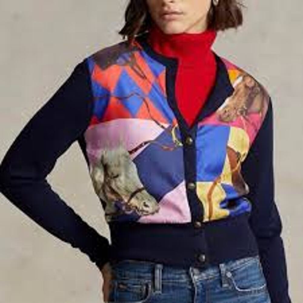 Polo Ralph Lauren Equestrian Themed Buttoned Wool & Silk Cardigan in Navy Small